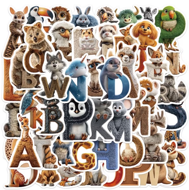 50 Stickers Impermeables - Alfabeto Personajes