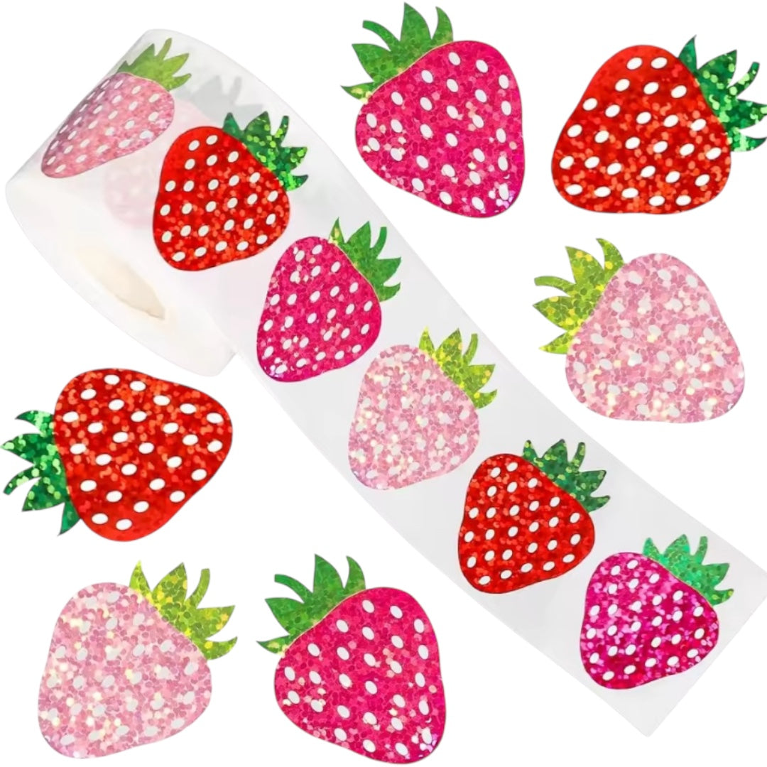 100 stickers en rollo fresas con brillo