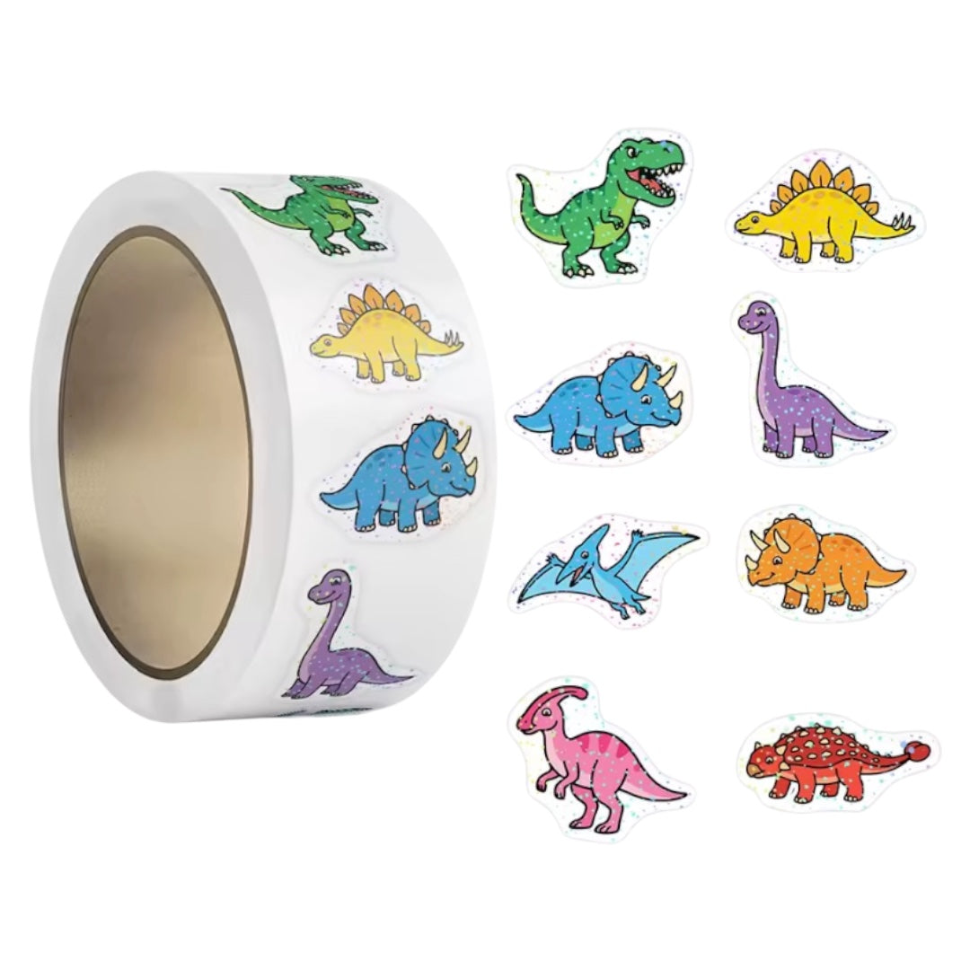 100 Stickers en Rollo - Modelos Dinosaurios con brillo