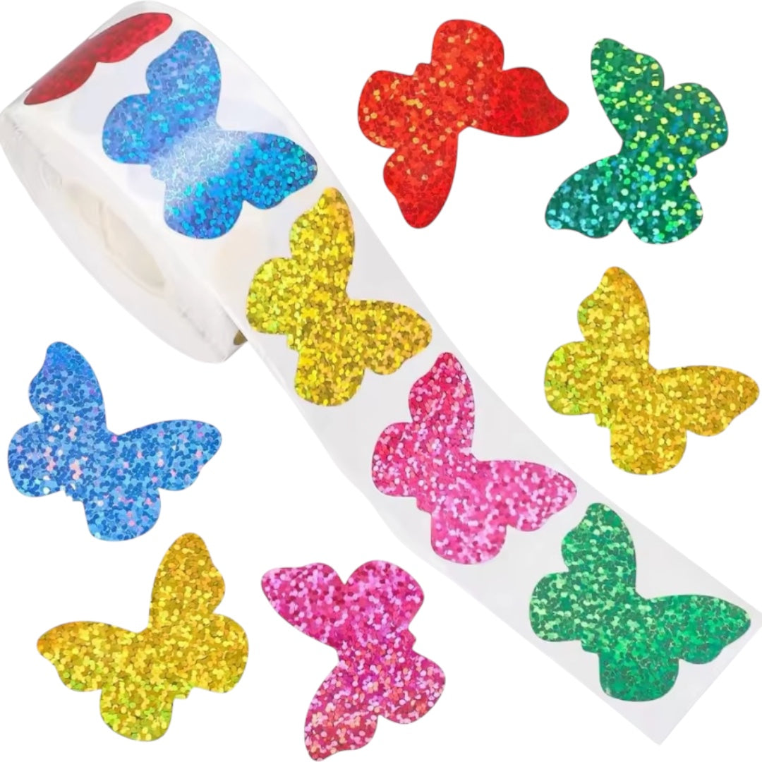 100 stickers en rollo mariposas con brillo