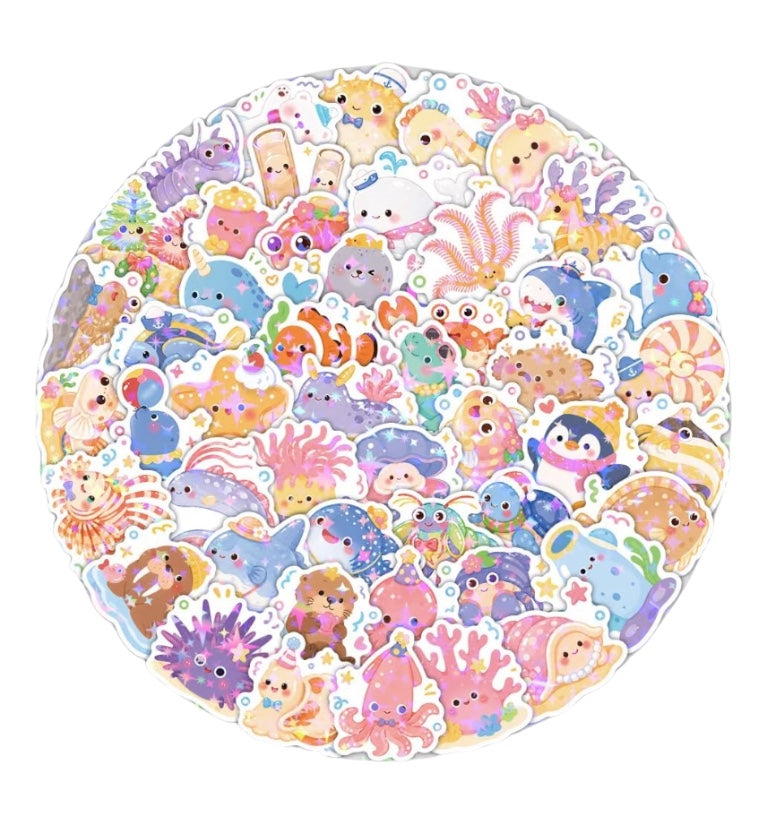 53 stickers impermeables con Brillo - Animales del Oceano