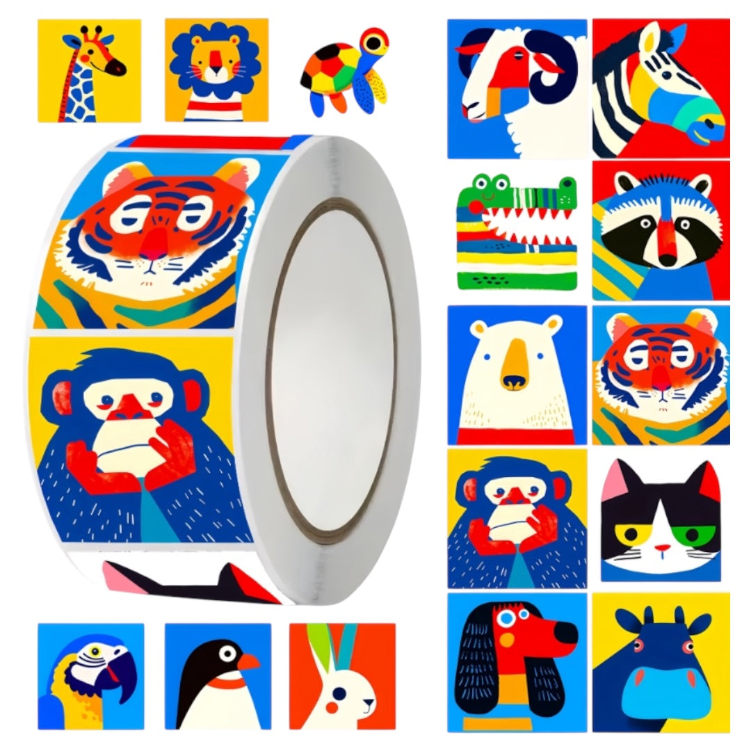 100 stickers en rollo Animales Coloridos