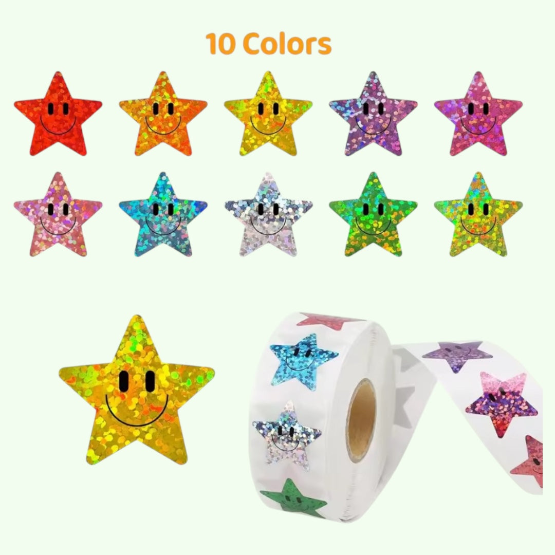 100 stickers en rollo Estrellas Felices con brillo