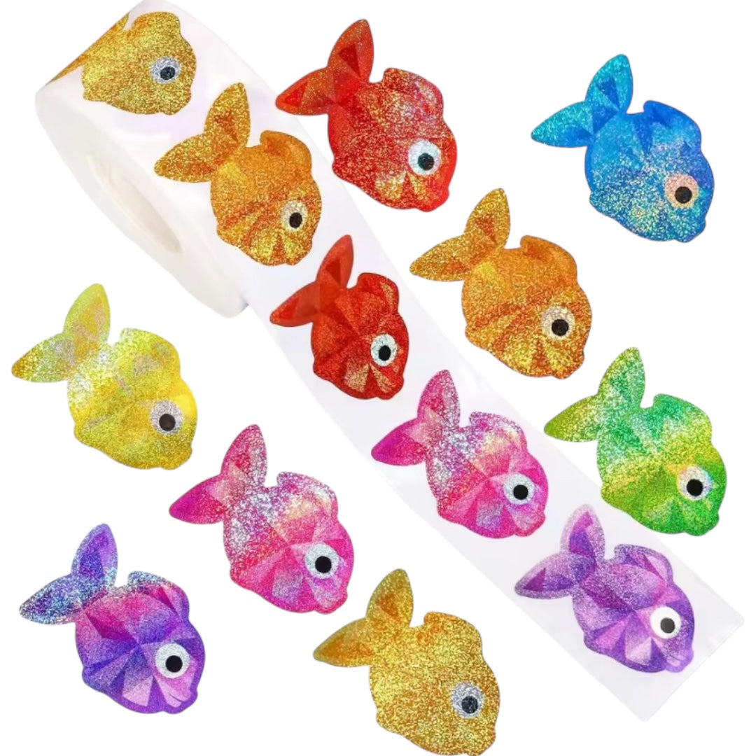 100 stickers en rollo peces con brillo