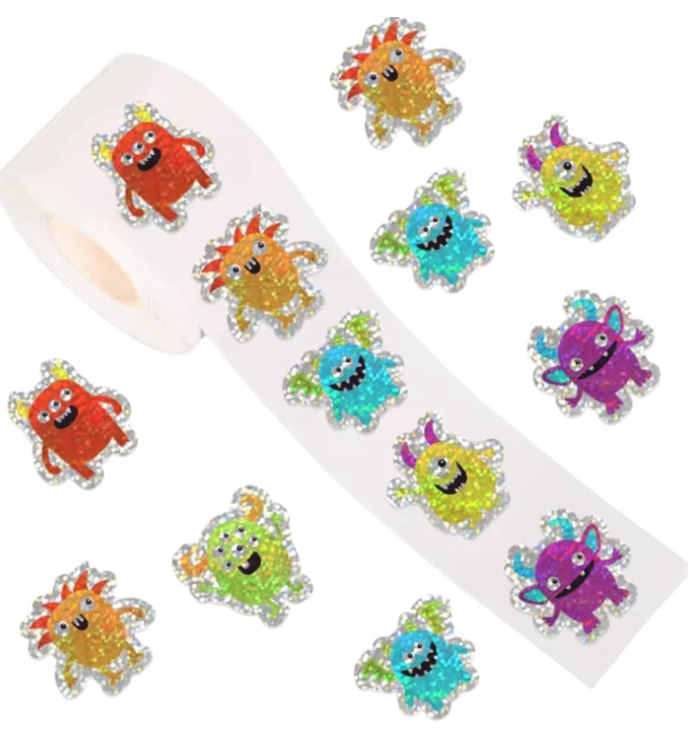 100 stickers en rollo con brillo - Monstruos
